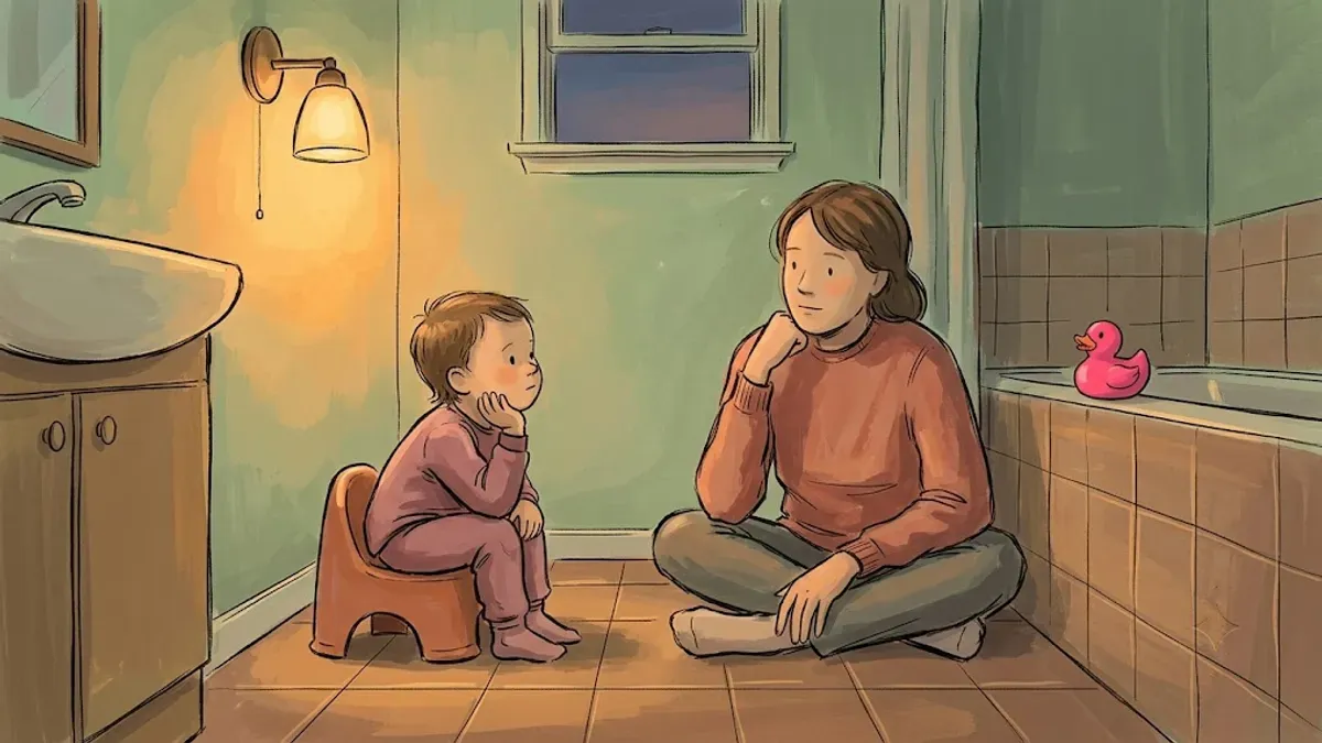 Toddler sitting on a small potty chair looking away, uninterested, while a parent waits patiently nearby on a bathroom floor.