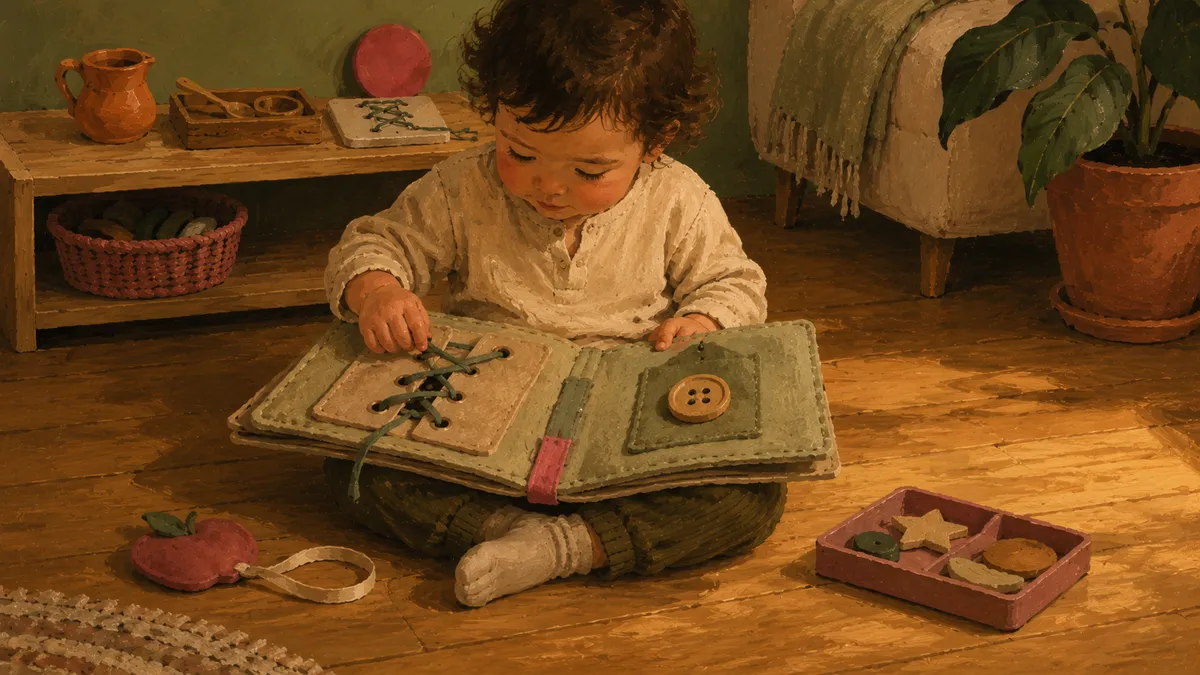 Toddler sitting on a wooden floor turning the pages of a fabric busy book with lacing, buttoning, and sorting activities laid open beside them.