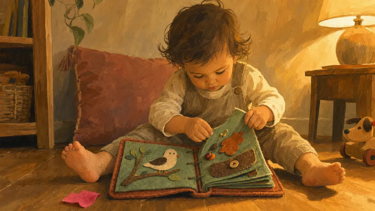 Toddler sitting on the floor turning the pages of a homemade felt quiet book