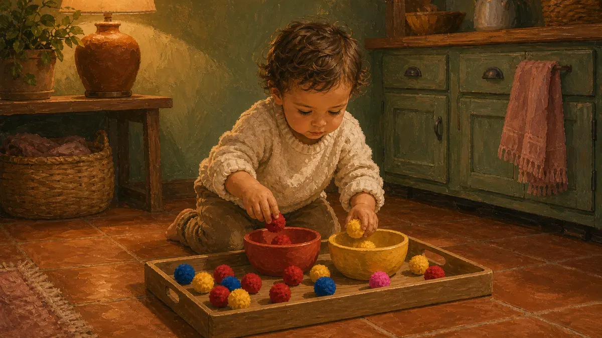 Toddler sorting coloured pom poms into matching bowls