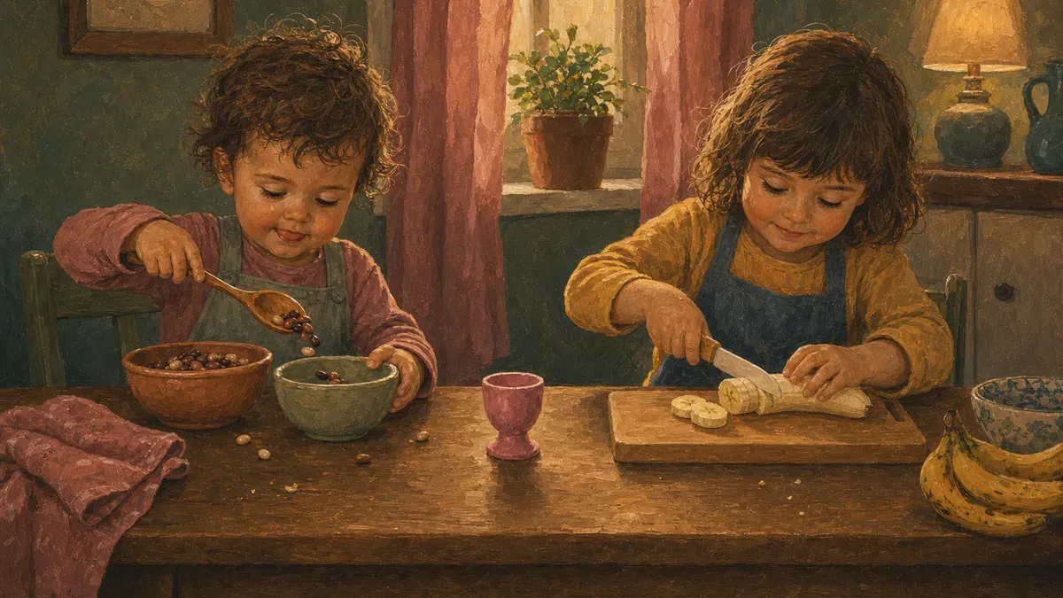 Toddler spooning beans beside a preschooler slicing a banana with a child-safe knife