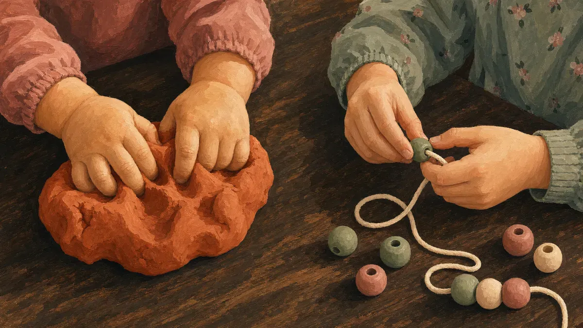 Toddler squeezing play dough and a preschooler threading beads at a play table