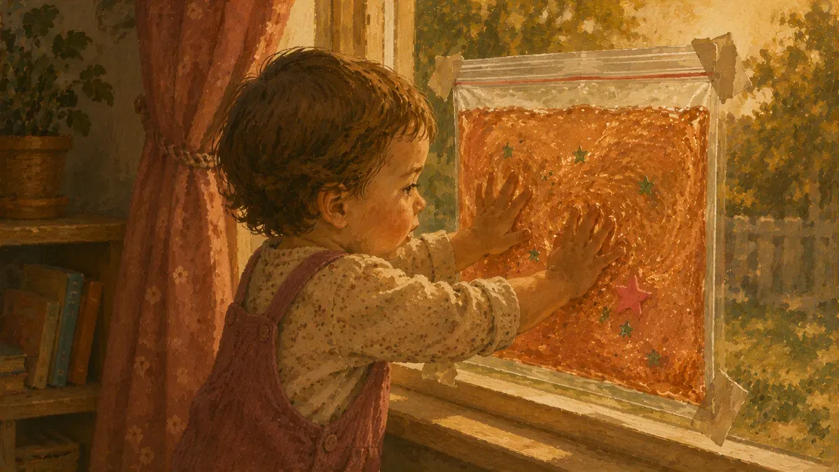 Toddler squishing a taped-down sensory bag of colored gel on a window