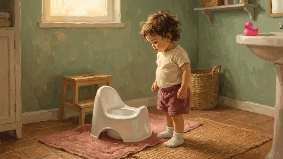 Toddler standing beside a small potty chair at home before preschool