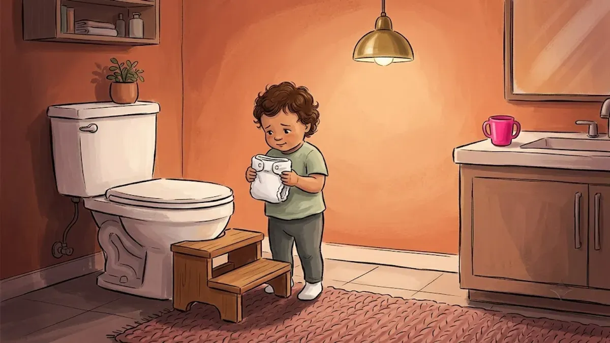 Toddler standing in bathroom holding a diaper next to the toilet during a gradual transition