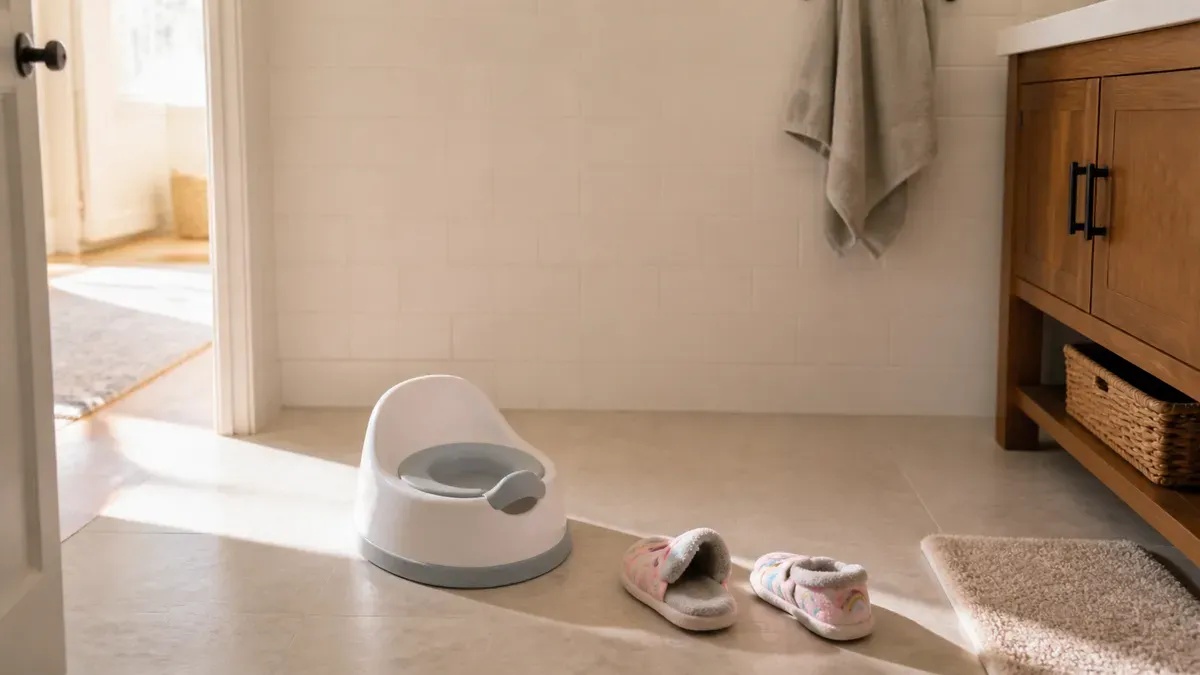 Toddler standing next to a small potty chair looking curious, bright bathroom