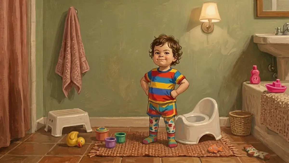 Toddler standing proudly next to a child-sized potty in a bright bathroom