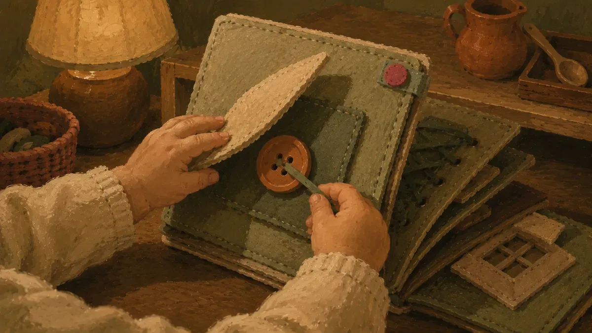 Toddler turning a felt Montessori busy book page with tethered fastening pieces