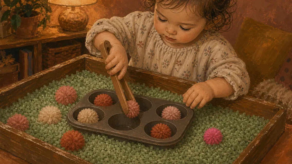 Toddler using tweezers to drop colored pom-poms into a muffin tin set inside a sensory table