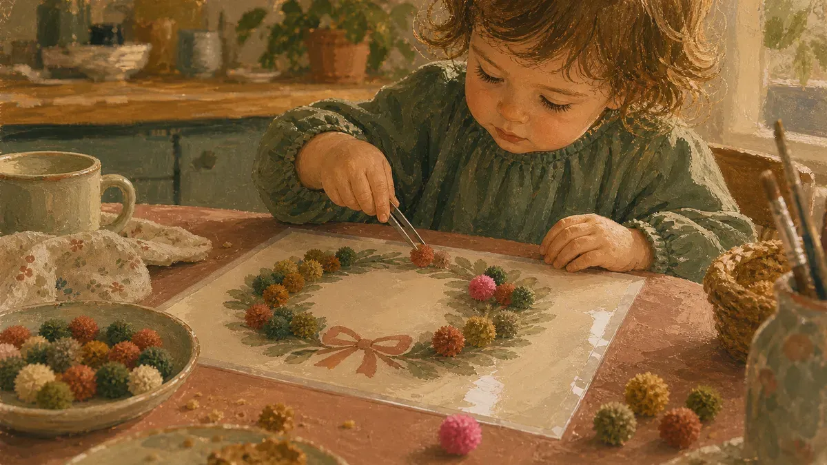 Tweezers placing red and green pom poms onto a printed wreath template