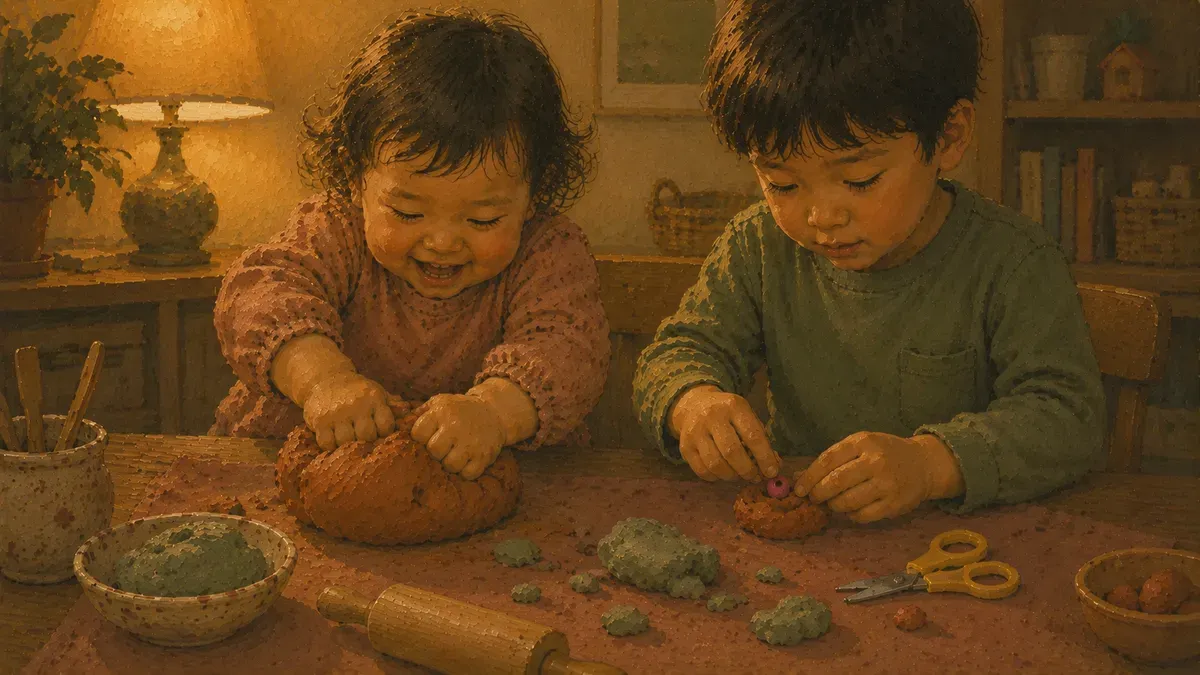 Two children of different ages playing with dough side by side