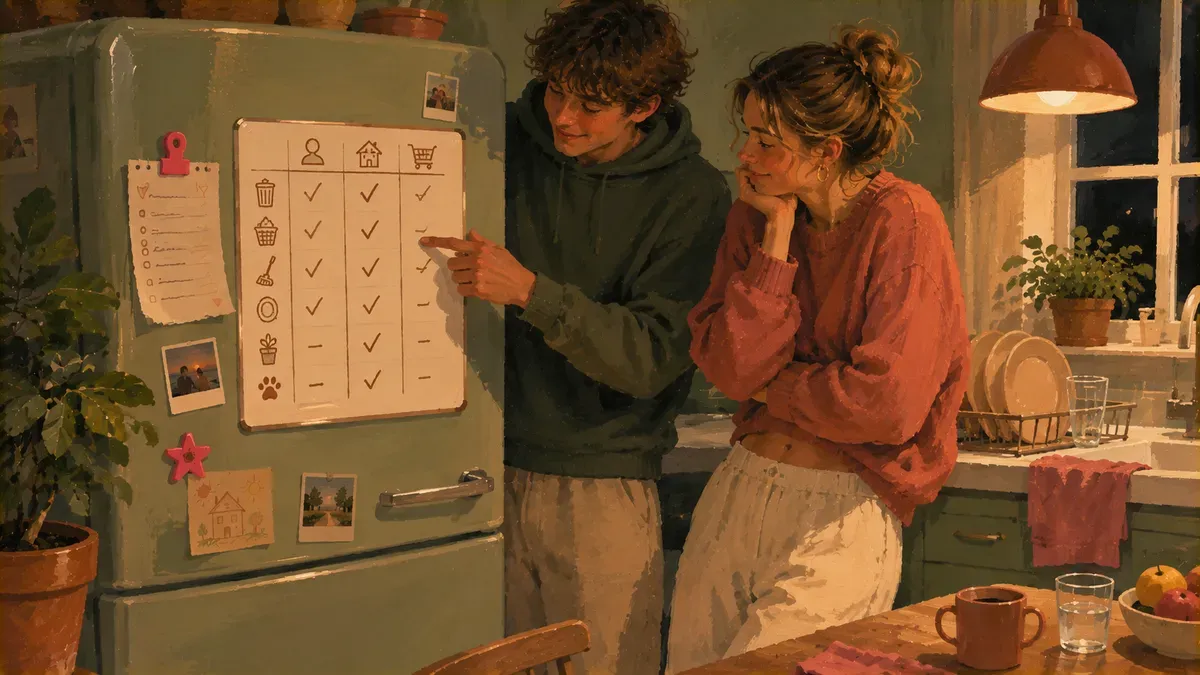 Two roommates reviewing a household chores checklist posted on a fridge whiteboard