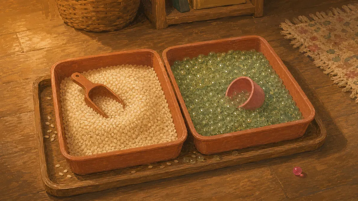 Two sensory bins side by side, one with dry rice and one with water beads