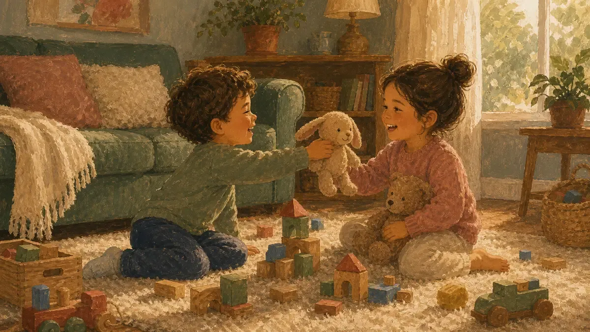 Two siblings sharing toys and laughing during cooperative play on the living room floor