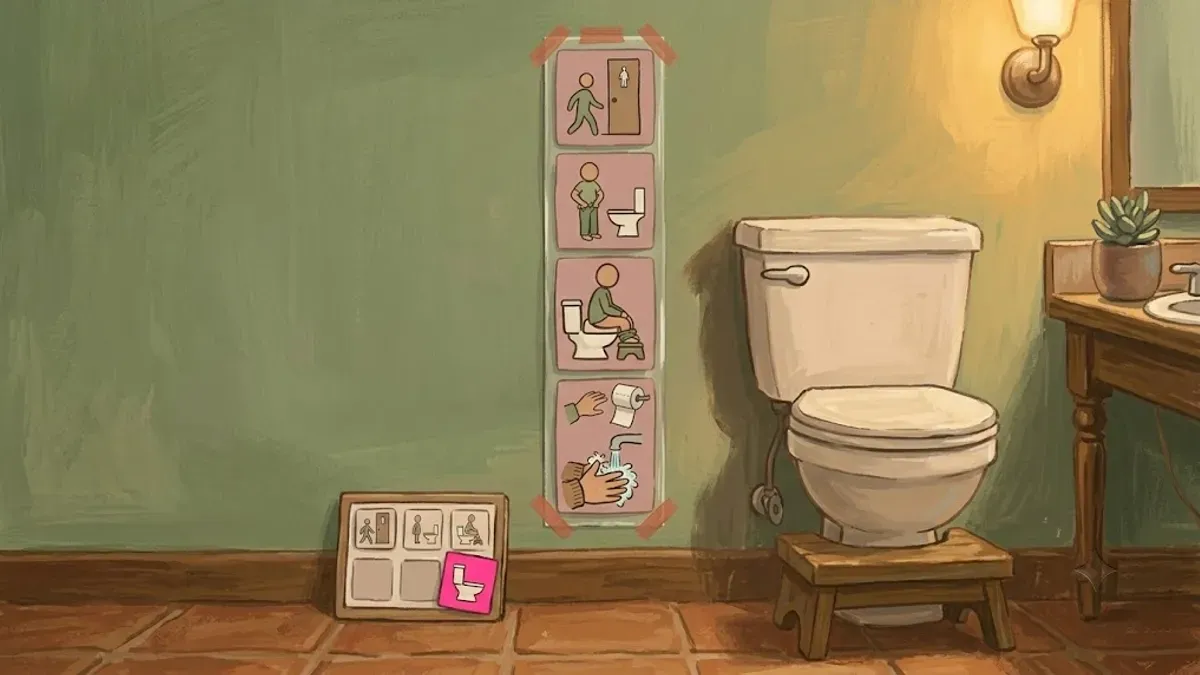 Visual schedule strip with PECS icons for each toileting step taped at a child's eye level beside the toilet