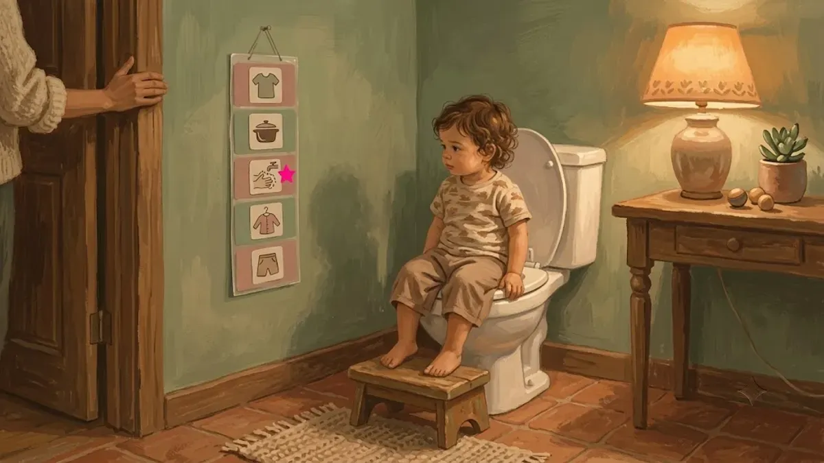 Visual schedule taped to a bathroom wall beside a small training potty, with a calm toddler nearby and sensory-friendly dim lighting in the background.