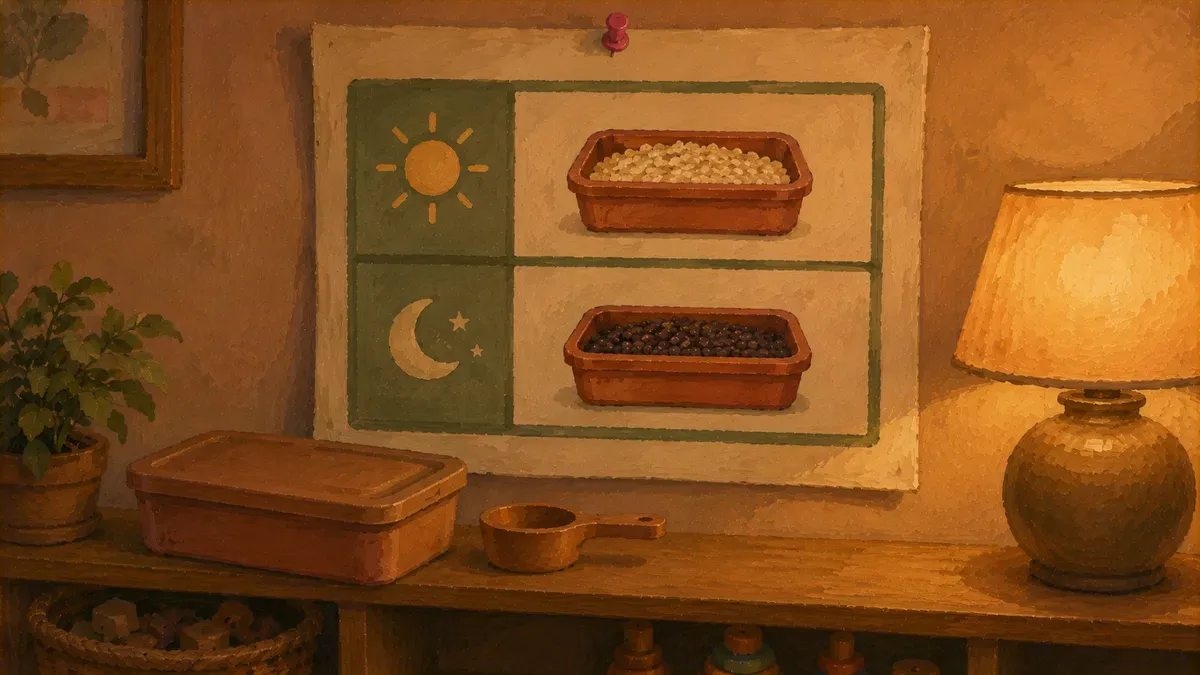 Wall chart showing a daily sensory bin schedule with morning and afternoon slots