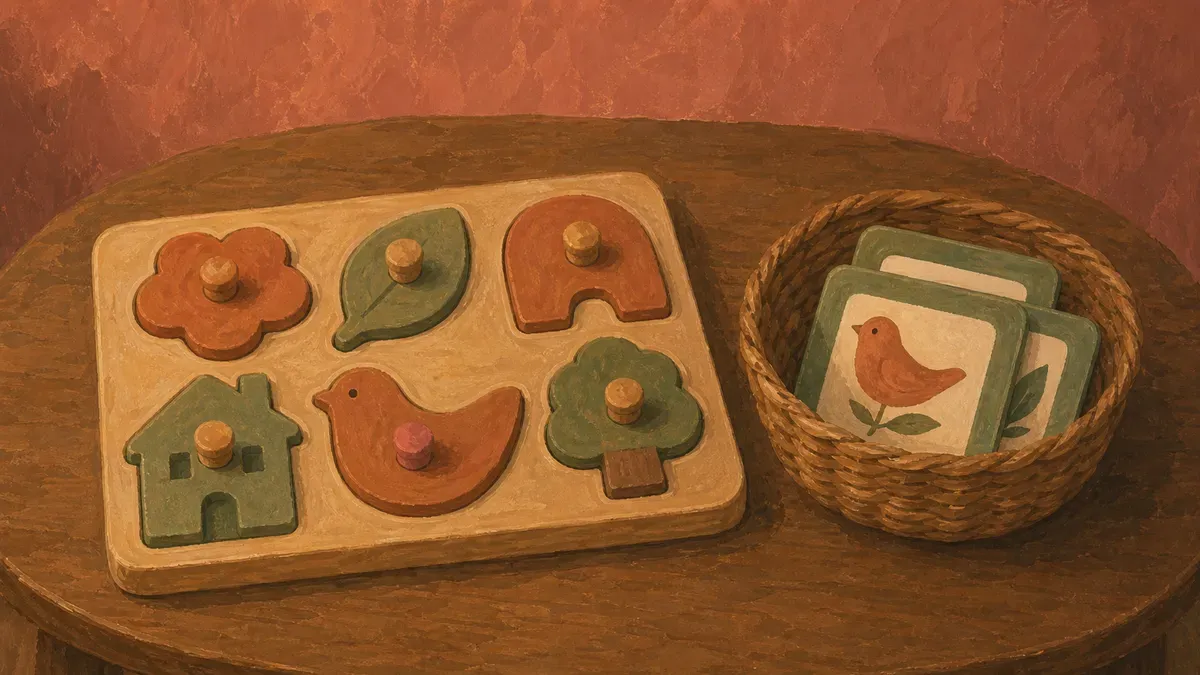 Wooden knob puzzle and a basket of matching cards laid out on a clean table