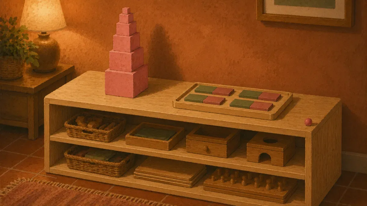 Wooden Pink Tower and color tablets arranged on a low Montessori shelf