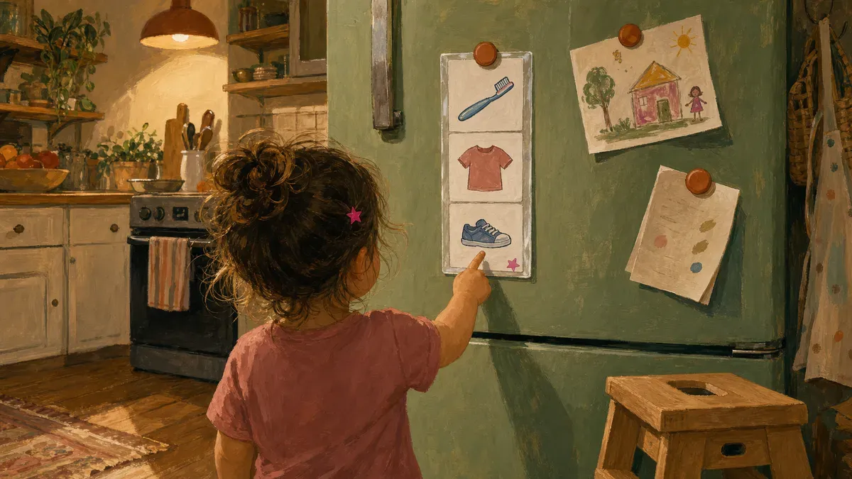 Young child pointing at a laminated daily routine chart on the fridge