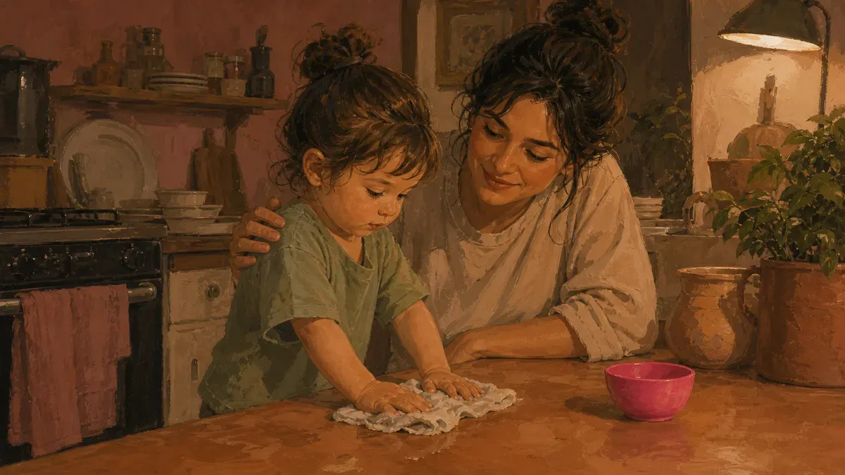 Young child wiping a table beside a parent in a bright kitchen
